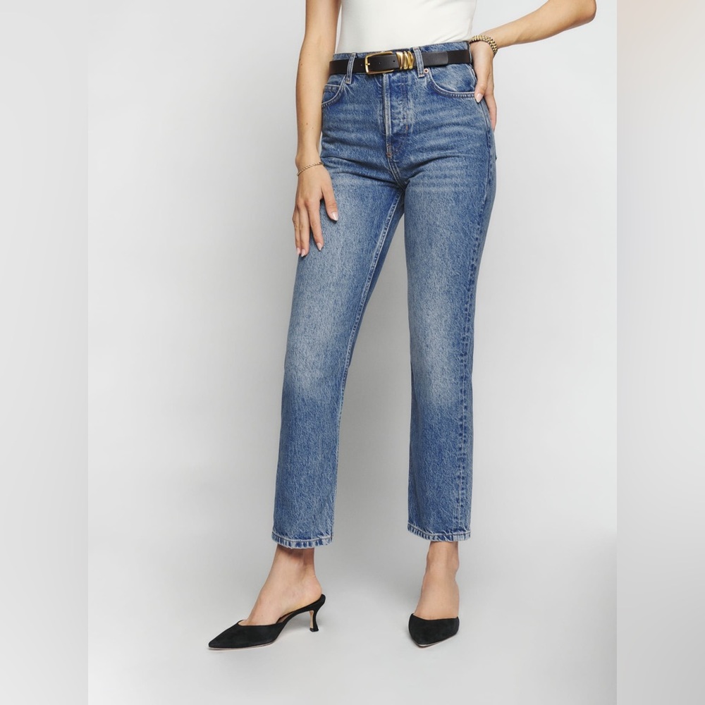 Reformation Blue Straight Leg Jeans Raw Hem 25
